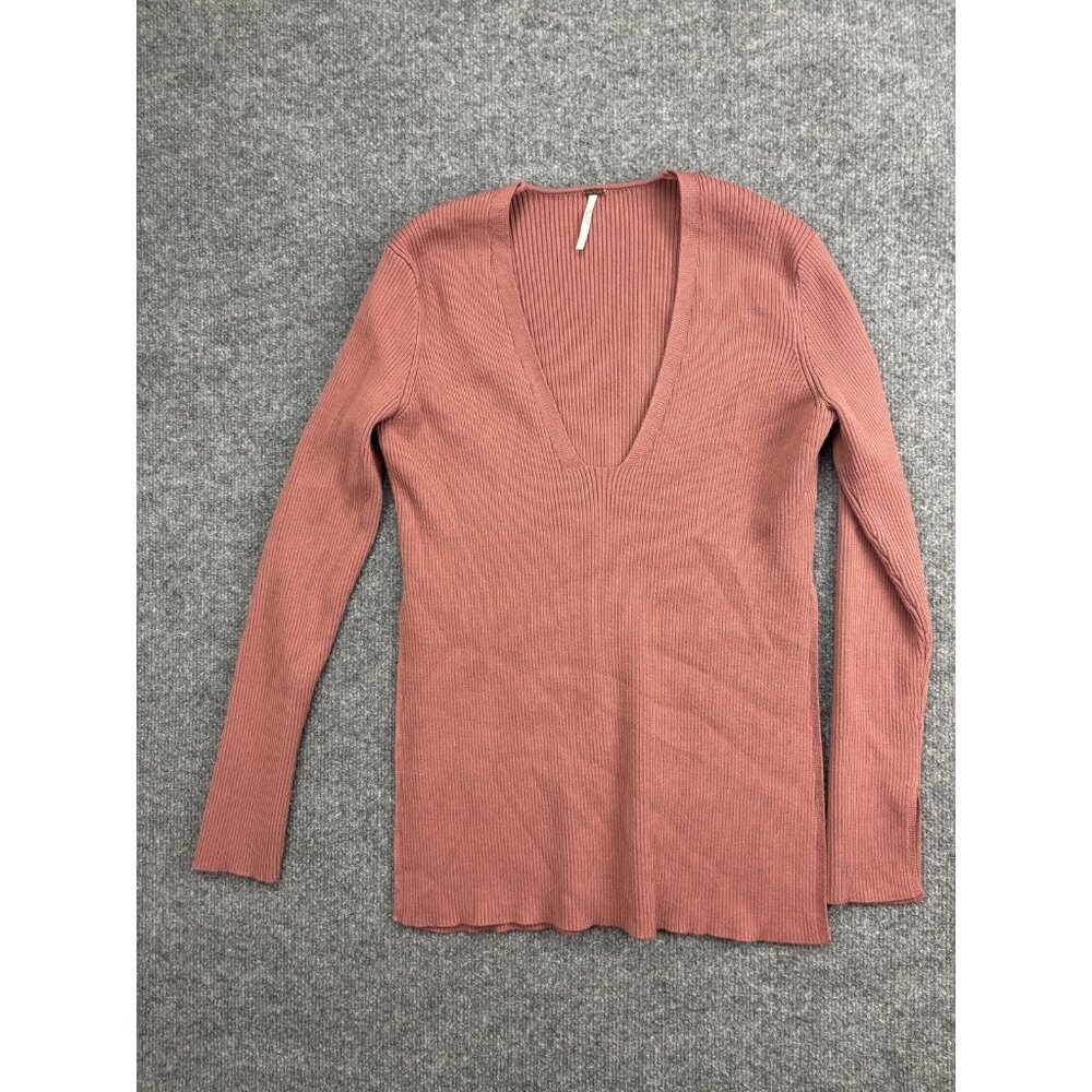 Free People Sweater Tunic Womens Small Pink Ribbed V Neck Long Sleeve